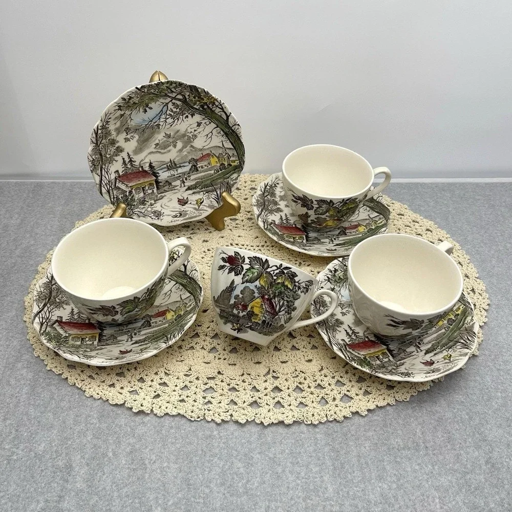 Vintage 1955 J & G Meakin Welcome Home Cups & Saucers Hand Painted Discontinued